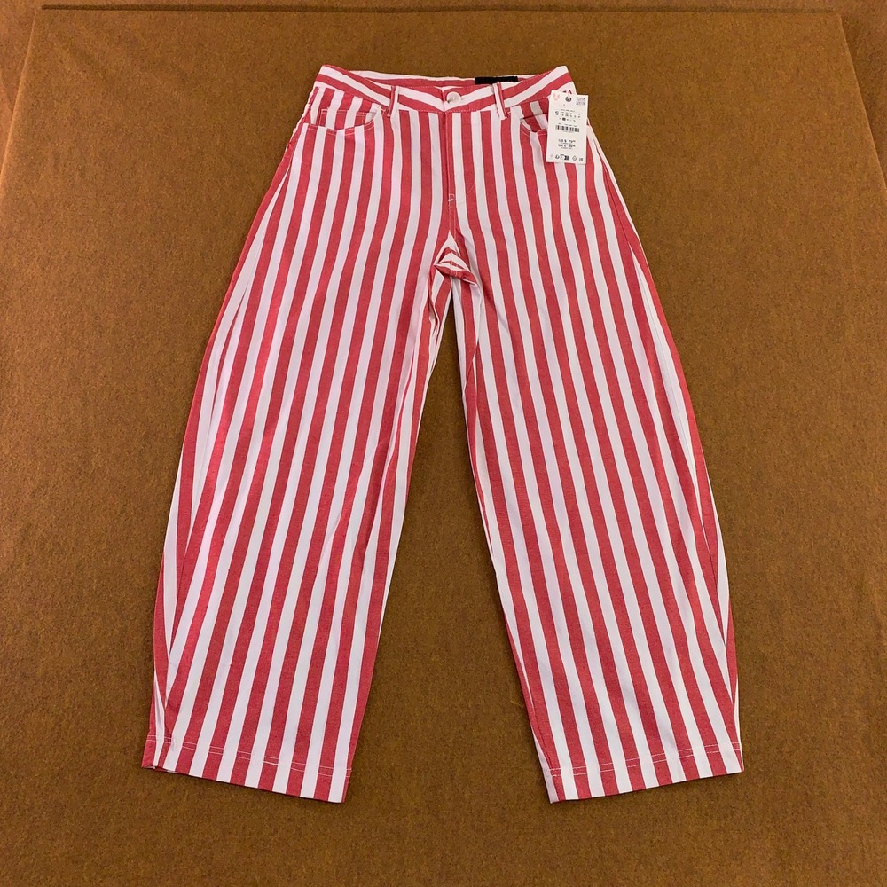 Zara Womens SizeSmall Red White Striped Linen Blend Barrel Leg Pants NWT *Flaw